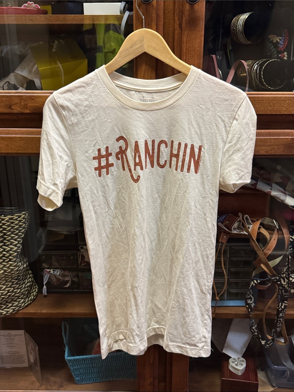 Cream Short Sleeve Graphic Tee with Rust Text
